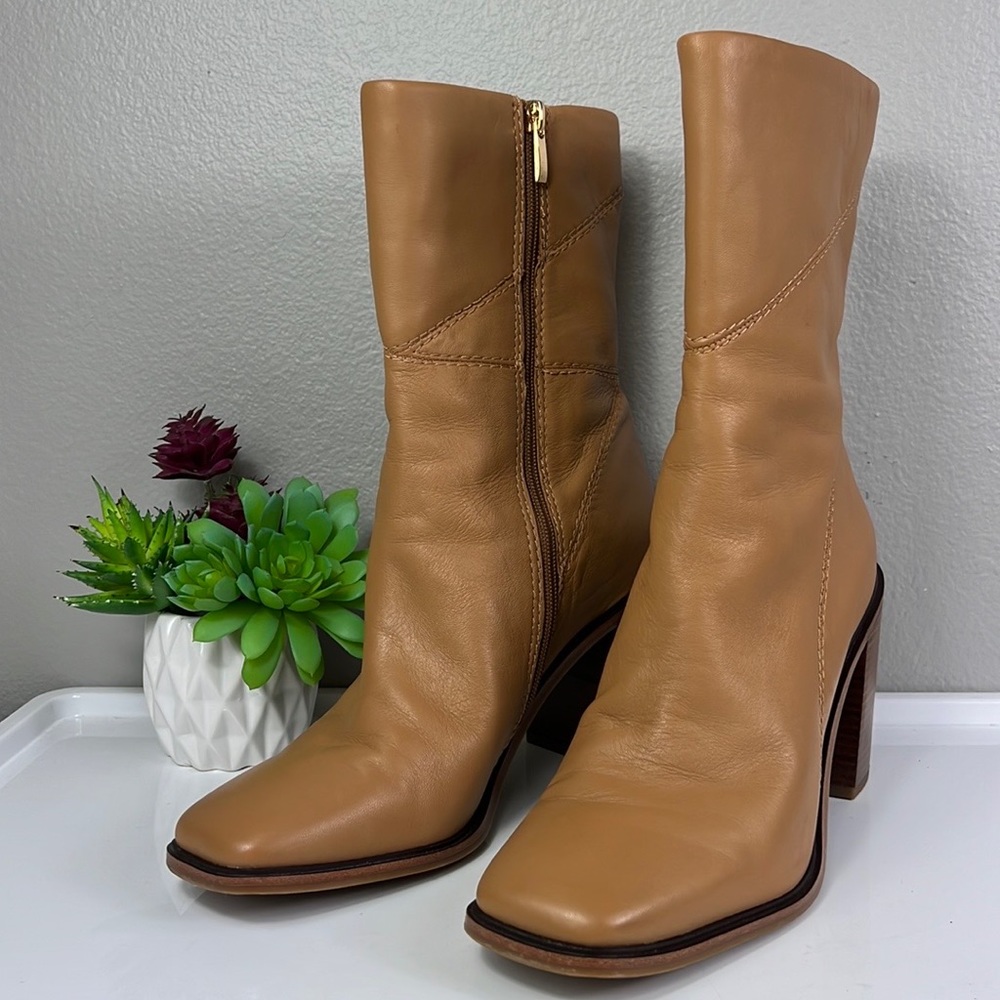 Franco Sarto Stevie Tan Leather Chunky Block Heel Boot Square Toe Mid Calf 10
